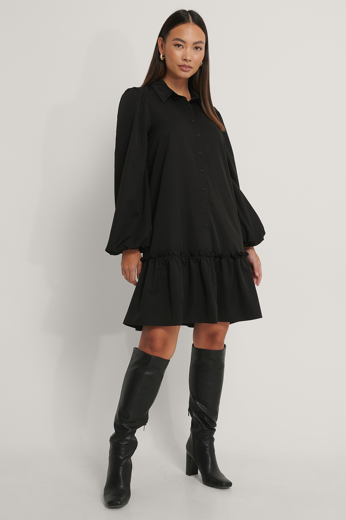 Ruffle Hem Shirt Dress Black | na-kd.com